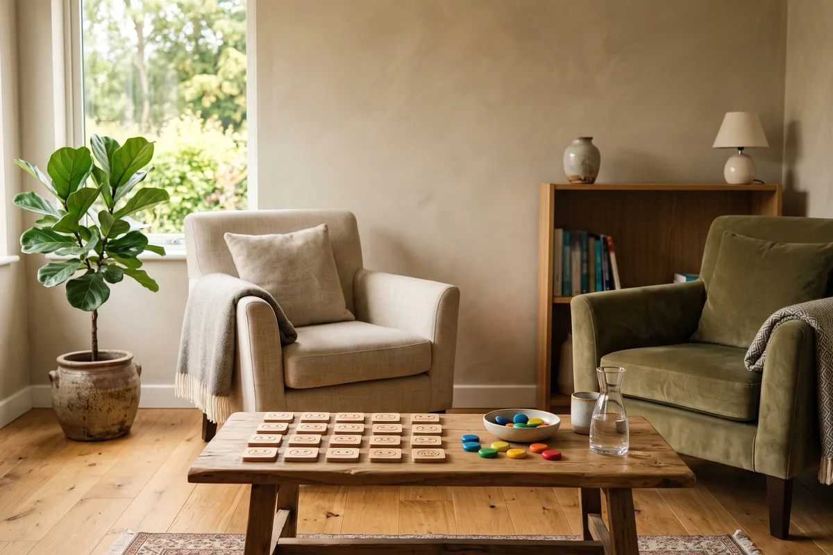 Sala de terapia con juegos de fichas y emociones