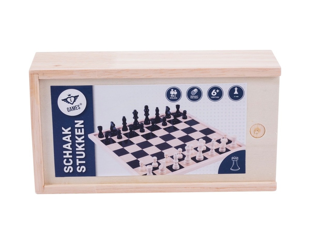 Piezas de ajedrez de madera 77 mm en caja de madera portátil