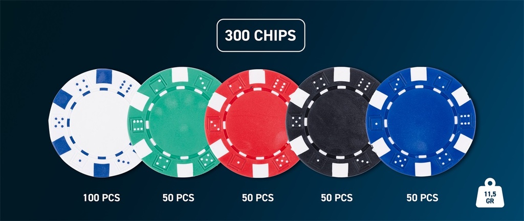 Set de póker 300 fichas 11,5 g con maletín aluminio, 2 barajas y dados