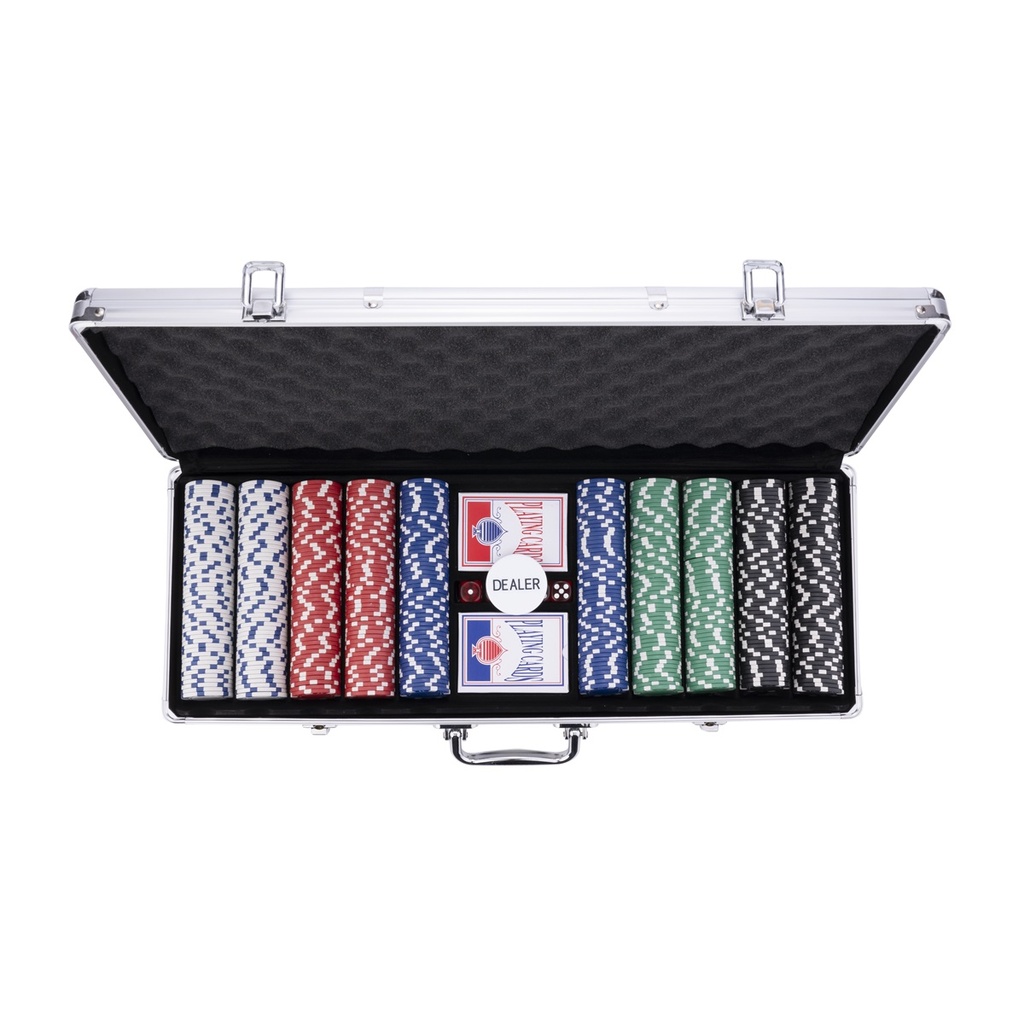 Set de Póker 500 "Standard" – 500 fichas de 11,5 g + 2 barajas + 3 botones de crupier + 5 dados + estuche metálico