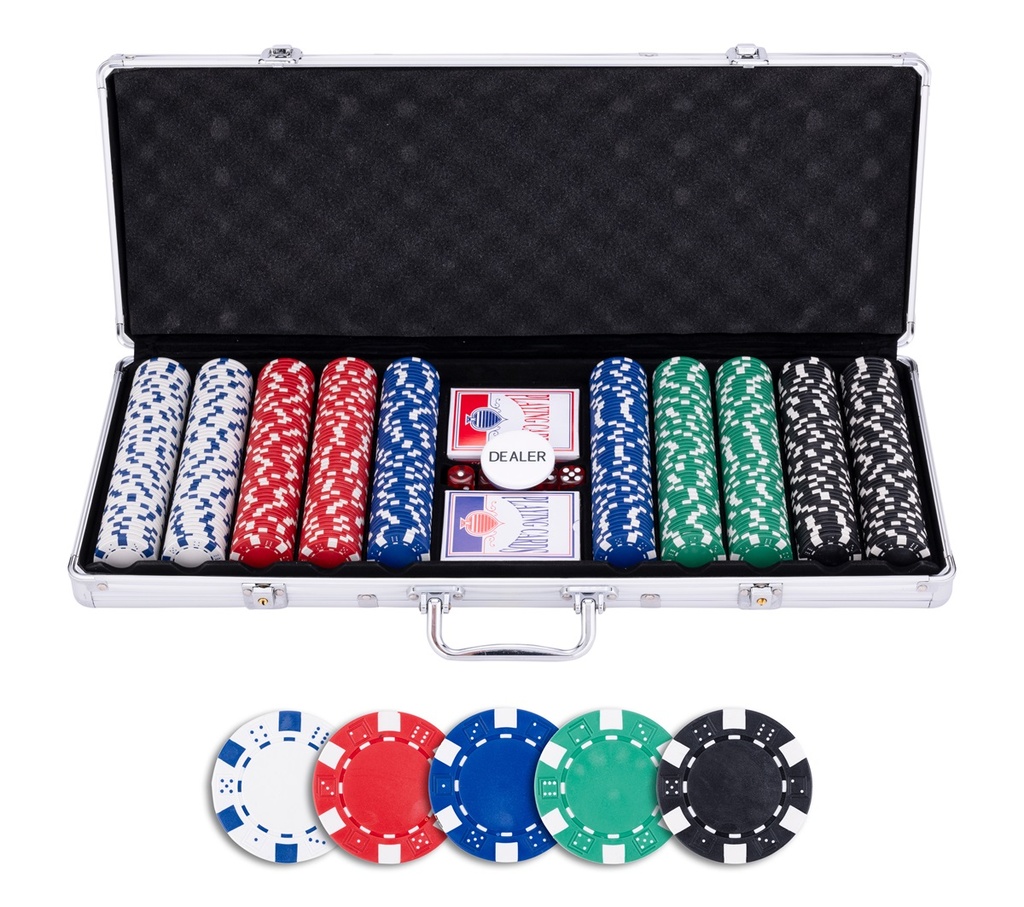 Set de Póker 500 "Standard" – 500 fichas de 11,5 g + 2 barajas + 3 botones de crupier + 5 dados + estuche metálico