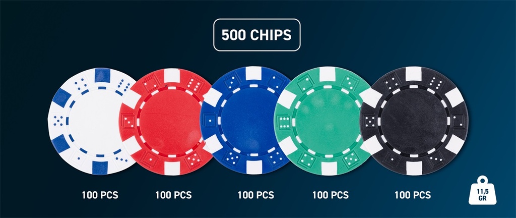 Set de Póker 500 "Standard" – 500 fichas de 11,5 g + 2 barajas + 3 botones de crupier + 5 dados + estuche metálico