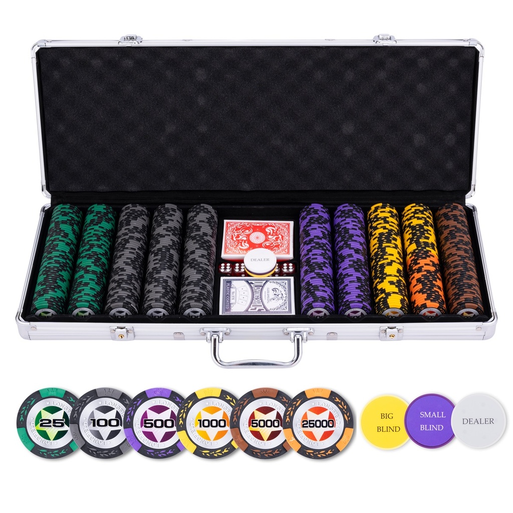 Set de Póker 500 Fichas 14 g Numeradas (25-25 000) – Kit Completo con Maletín Plateado, 2 Barajas, 3 Botones de Crupier y 5 Dados