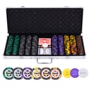 Set de Póker 500 Fichas 14 g Numeradas (25-25 000) – Kit Completo con Maletín Plateado, 2 Barajas, 3 Botones de Crupier y 5 Dados