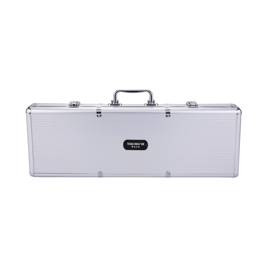 Set de Póker 500 Fichas 14 g Numeradas (25-25 000) – Kit Completo con Maletín Plateado, 2 Barajas, 3 Botones de Crupier y 5 Dados