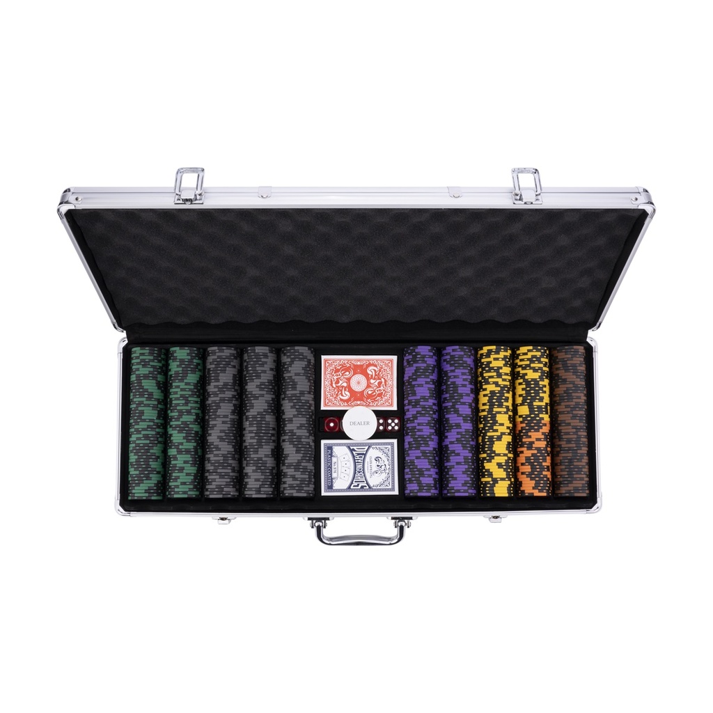 Set de Póker 500 Fichas 14 g Numeradas (25-25 000) – Kit Completo con Maletín Plateado, 2 Barajas, 3 Botones de Crupier y 5 Dados