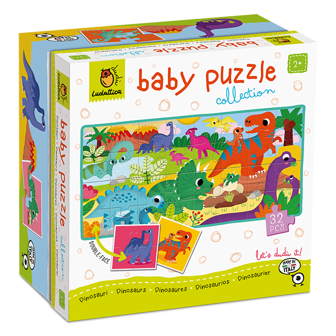 Ludattica Baby Puzzle Collection Dinosaurios – Puzzle de 32 Piezas Educativo en Cartón Reforzado | Desde 2 Años, Doble Cara | Perfecto para Rincón de Juego Tranquilo, Prelectura Visual y Juego Simbólico