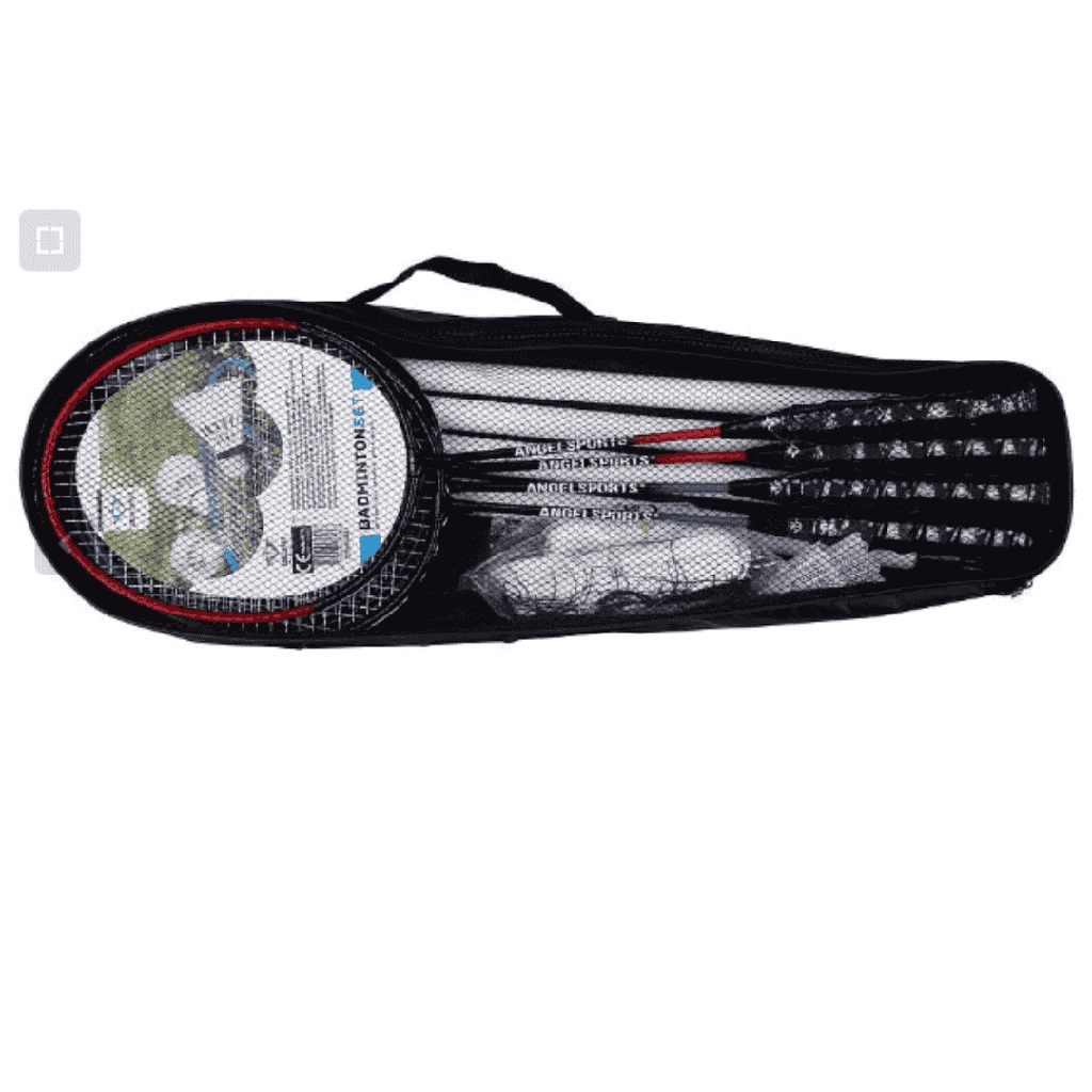 Juego de bádminton para 4 jugadores que incluye 4 raquetas de acero templado (marco bicolor con ojales), 2 volantes, 2 postes extensibles (tubo de 25 mm de diámetro), 1 red, 4 piquetas y vientos. El set se entrega en una bolsa de transporte.