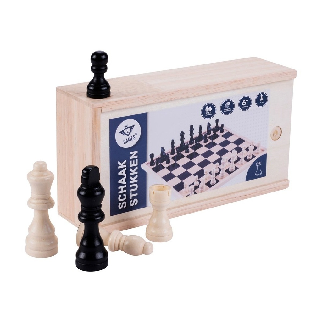 Peces d’escacs de fusta 77 mm: set en caixa portàtil de fusta (6+)
