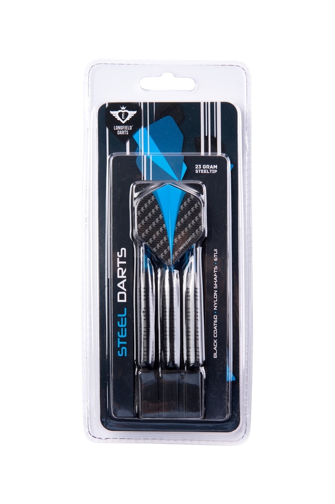 Dardos Longfield steeltip 23 g negros (barril coated) con estuche