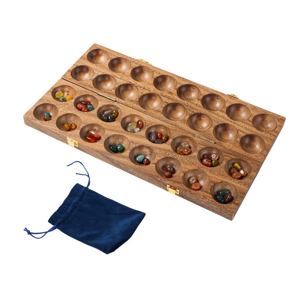 Mancala doble de nogal 44×25 cm: juego de estrategia con gemas (6+)
