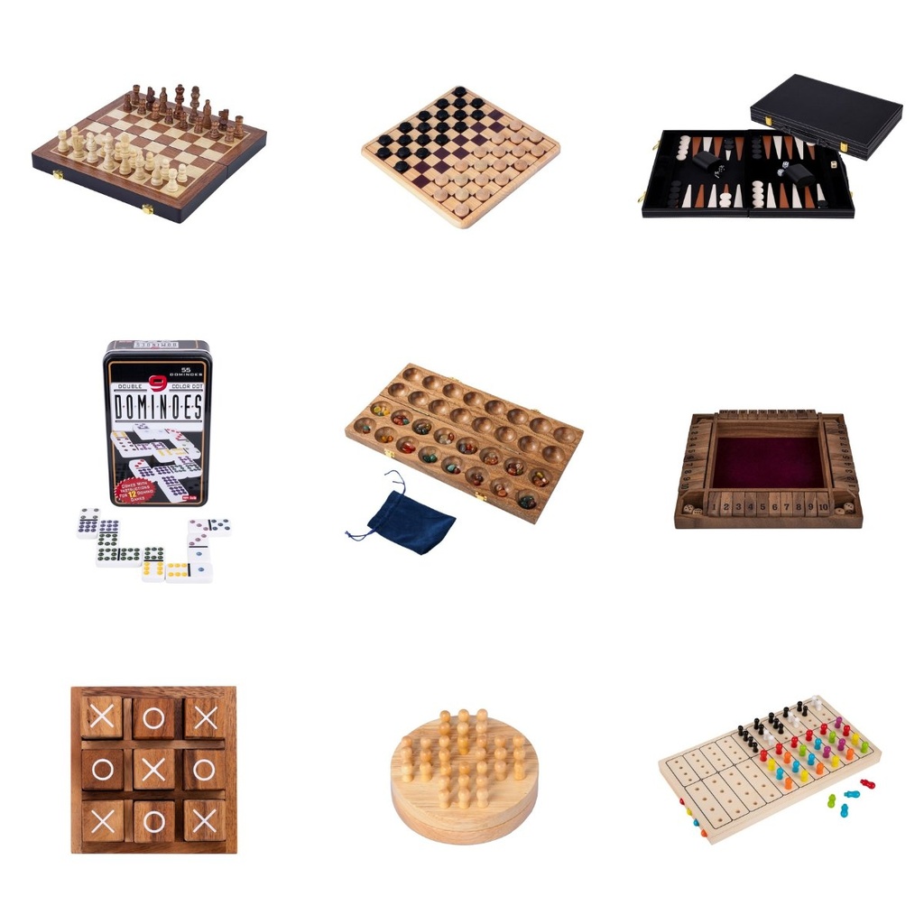 Lote Casas rurales Clásicos: ajedrez, damas, backgammon, dominó y mancala de madera (6+)