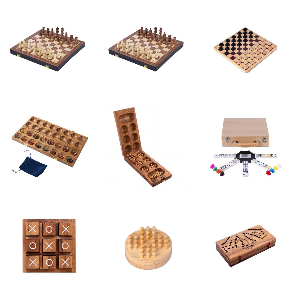 Lote Ludotecas Clásicos de madera: ajedrez, damas, mancala, dominó, Toc y tres en raya (5+)