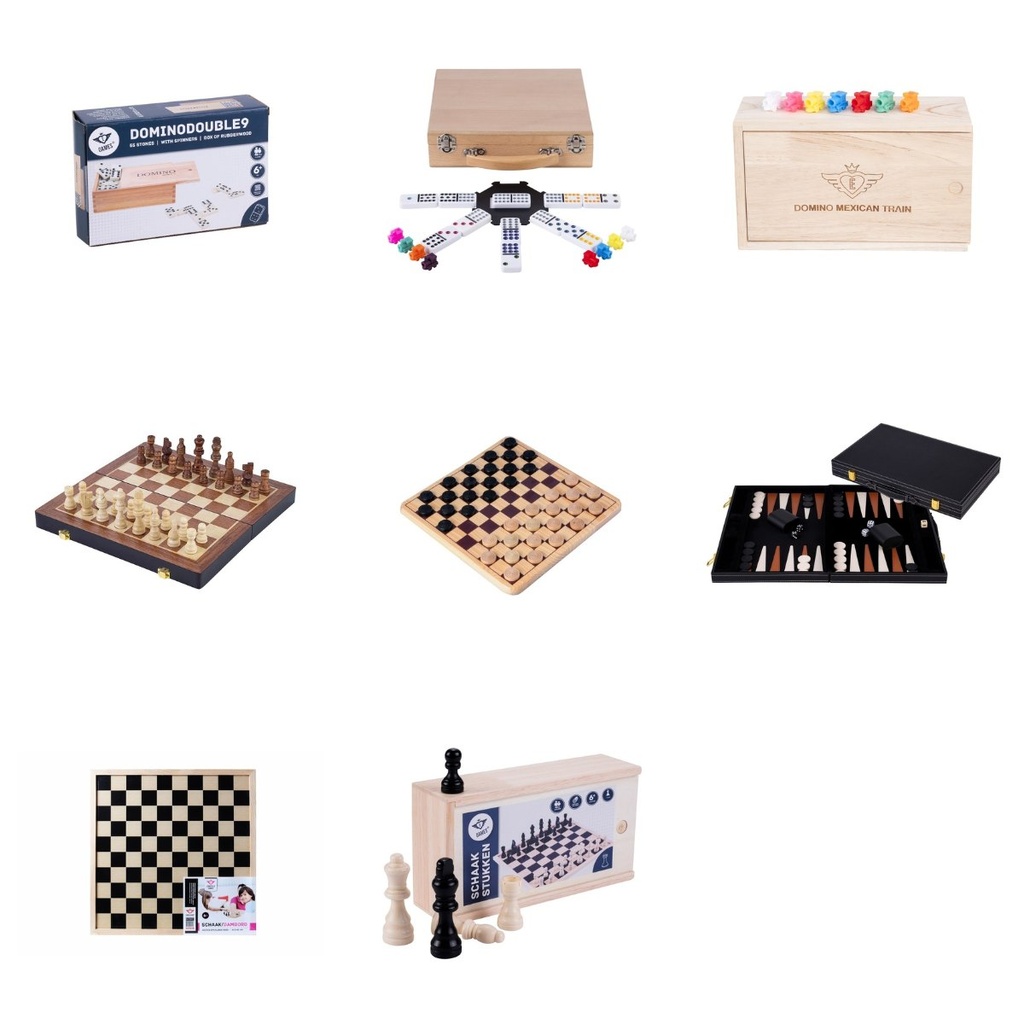 Lote Residencias Clásicos de gran formato: dominós jumbo, ajedrez, damas y backgammon de madera (6+)
