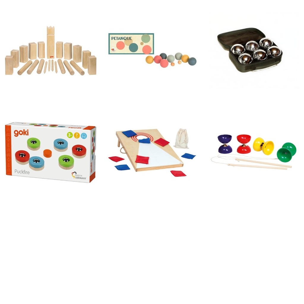 Lote Animaciones Puntería y tradición: kubb, dos petancas, petanca de mesa, cornhole y diábolo (4+)