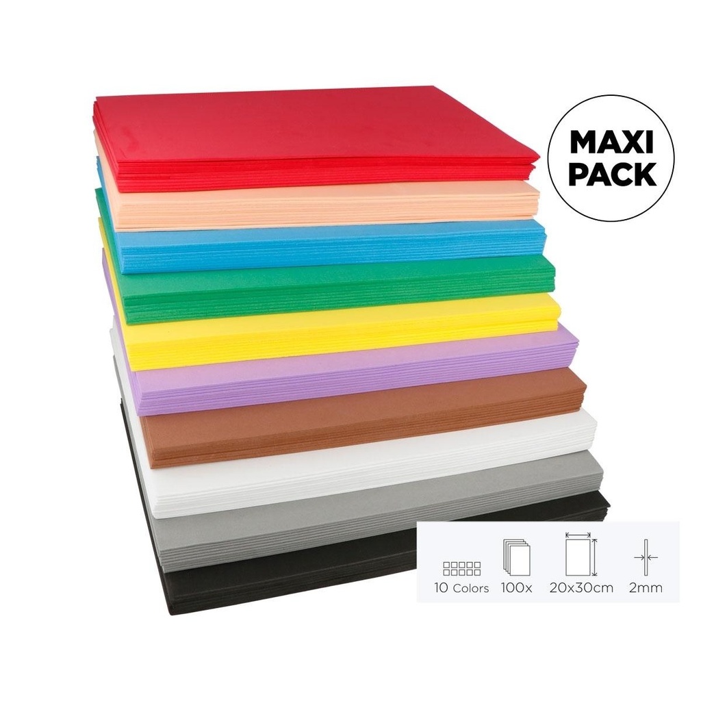 Goma EVA Maxi Pack: 100 láminas de 20 × 30 cm y 2 mm en 10 colores