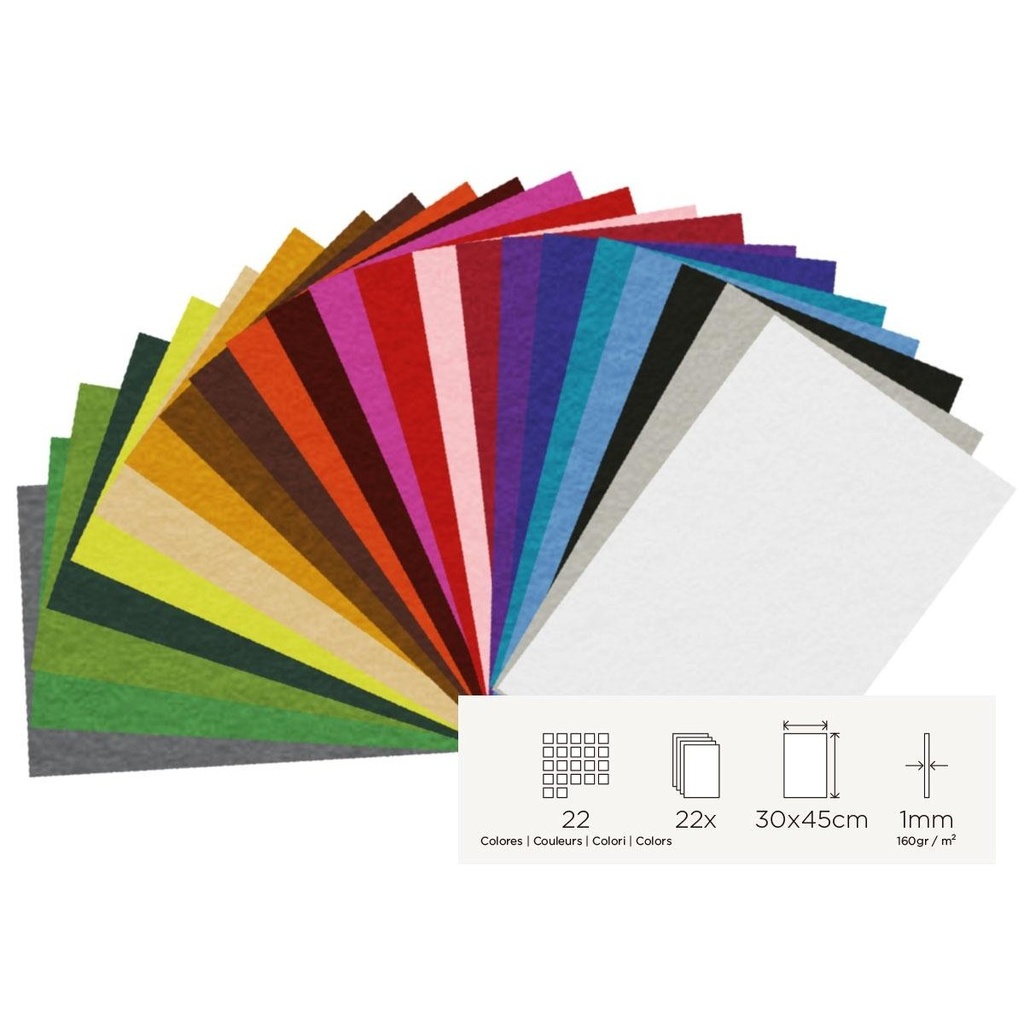 Fieltro acrílico: 22 láminas de 30 × 45 cm y 1 mm en colores surtidos