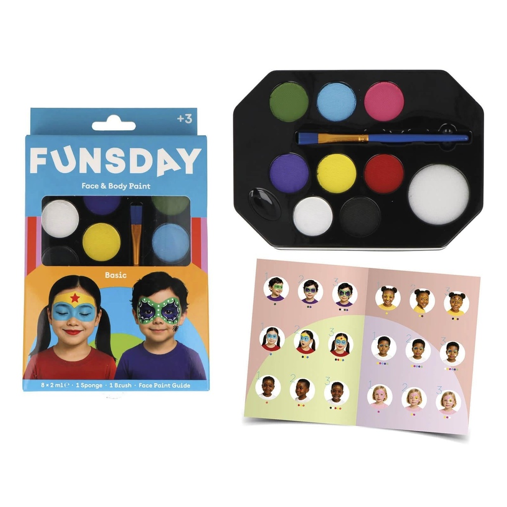 Pinturas faciales Funsday: paleta de 8 colores básicos con pincel y esponja