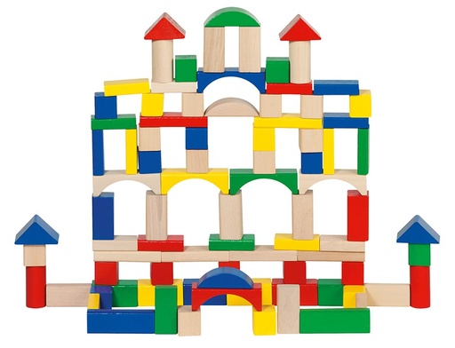Barril de Construcción – Set de 100 Bloques de Madera Multicolor, Fomenta la Creatividad y la Coordinación, Incluye Barril para Almacenaje, Apto para Infancia a Partir de 18 Meses