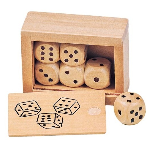 [HS239] Daus de fusta 1,6 cm: caixa de 6 per a jocs matemàtics i d’atzar (6+)