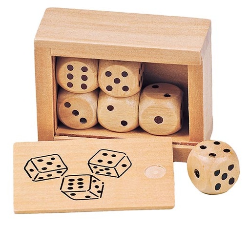 Daus de fusta 1,6 cm: caixa de 6 per a jocs matemàtics i d’atzar (4+)