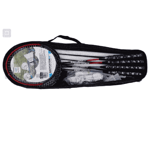 Juego de bádminton para 4 jugadores que incluye 4 raquetas de acero templado (marco bicolor con ojales), 2 volantes, 2 postes extensibles (tubo de 25 mm de diámetro), 1 red, 4 piquetas y vientos. El set se entrega en una bolsa de transporte.
