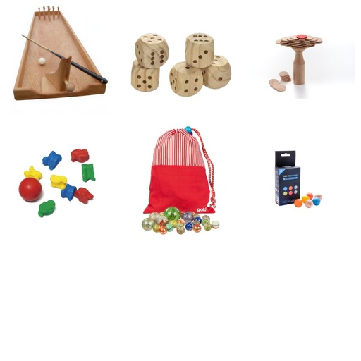 [LOTE-C3] Lote Campings Bolera: bolos XXL de madera, dados gigantes y juego tradicional de suelo (6+)