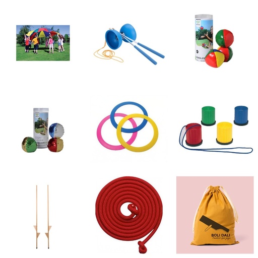 [LOTE-C4] Lote Campings Animación infantil: paracaídas de 6 m, malabares, zancos y palas (4+)
