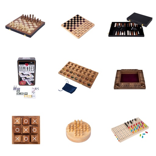 [LOTE-R2] Lote Casas rurales Clásicos: ajedrez, damas, backgammon, dominó y mancala de madera (6+)
