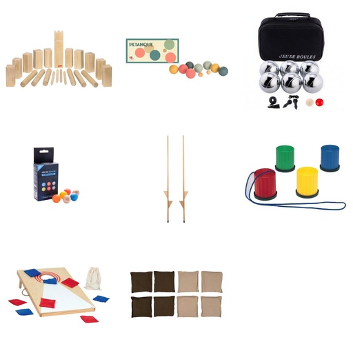 [LOTE-G2] Lote Campamentos y colonias Exterior y juego tradicional: kubb, petanca, cornhole y zancos (4+)