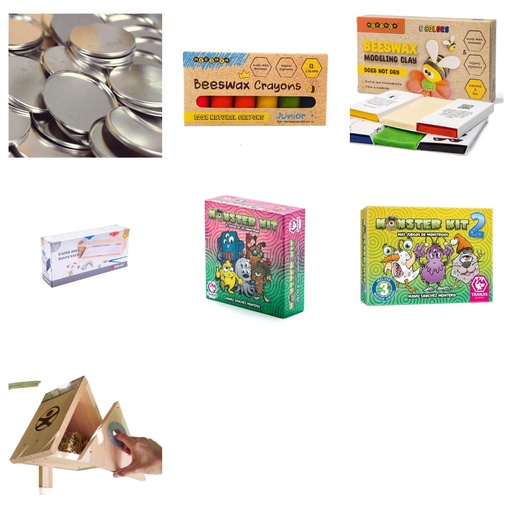[LOTE-V2] Lote Escuelas de verano Taller creativo: chapas, ceras y arcilla de abeja, papel continuo y Monster Kit (1+)