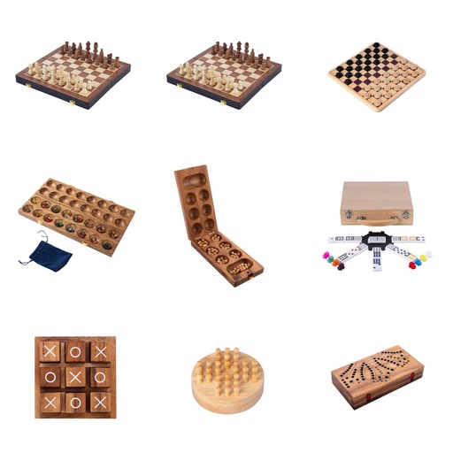 [LOTE-L4] Lote Ludotecas Clásicos de madera: ajedrez, damas, mancala, dominó, Toc y tres en raya (5+)