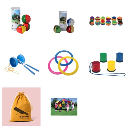 [LOTE-F2] Lote Escuelas de animación Maletín de recursos: paracaídas de 7 m, malabares, aros, zancos y Boli-Dali (4+)