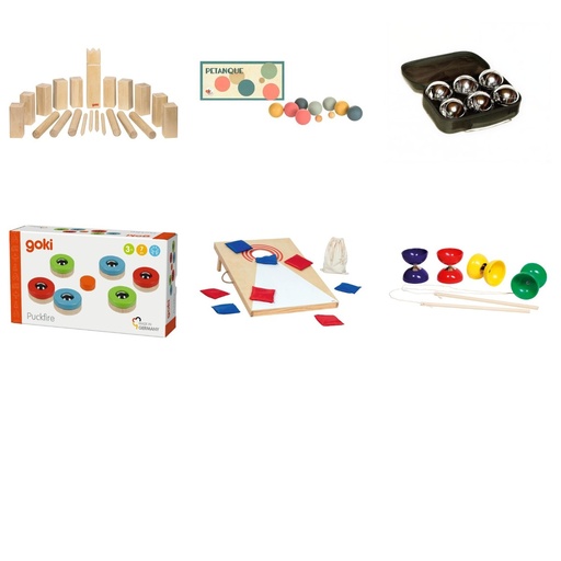 [LOTE-N4] Lote Animaciones Puntería y tradición: kubb, dos petancas, petanca de mesa, cornhole y diábolo (4+)