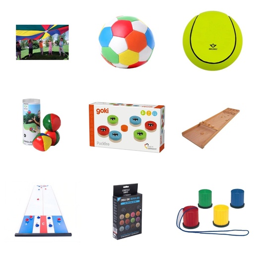 [LOTE-T4] Lote Juegos terapéuticos Movimiento adaptado: paracaídas, pelotas blandas, tejo y puntería de mesa (3+)